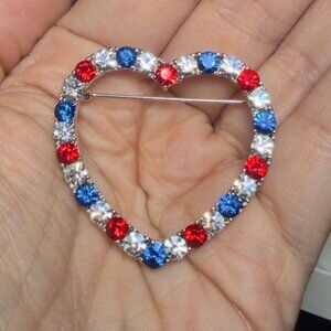 Heart Brooch Red White Blue Rhinestone Open Heart Pin 1.75”